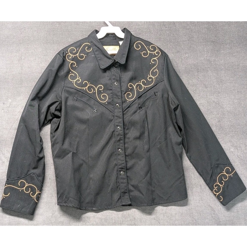 SCULLY Women XL Western Show Shirt Embroidery Cowgirl Rodeo Scrol BLK Pearl Snap